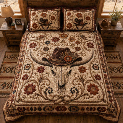 Western Bloom Skull 3-Piece Quilted Bedding Set NCU0QD048