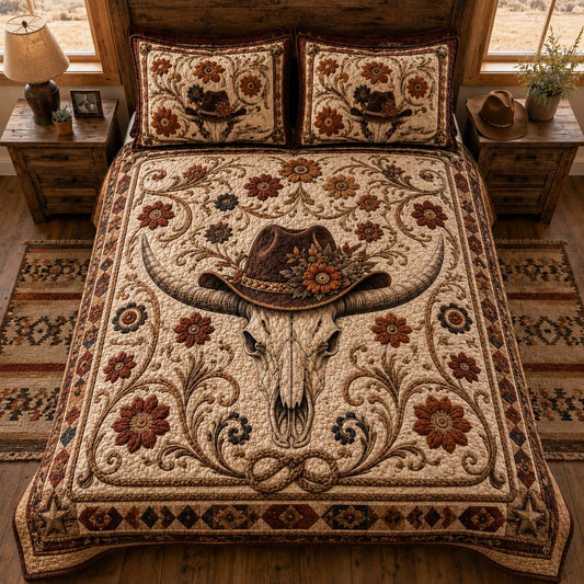 Western Bloom Skull 3-Piece Quilted Bedding Set NCU0QD048