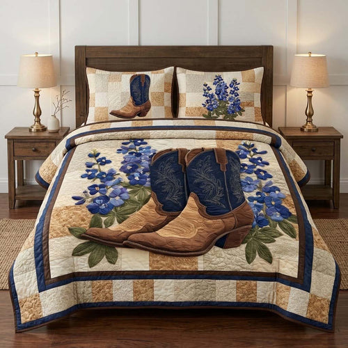 Western Bluebonnet Boots 3-Piece Quilted Bedding Set NCU0QD002