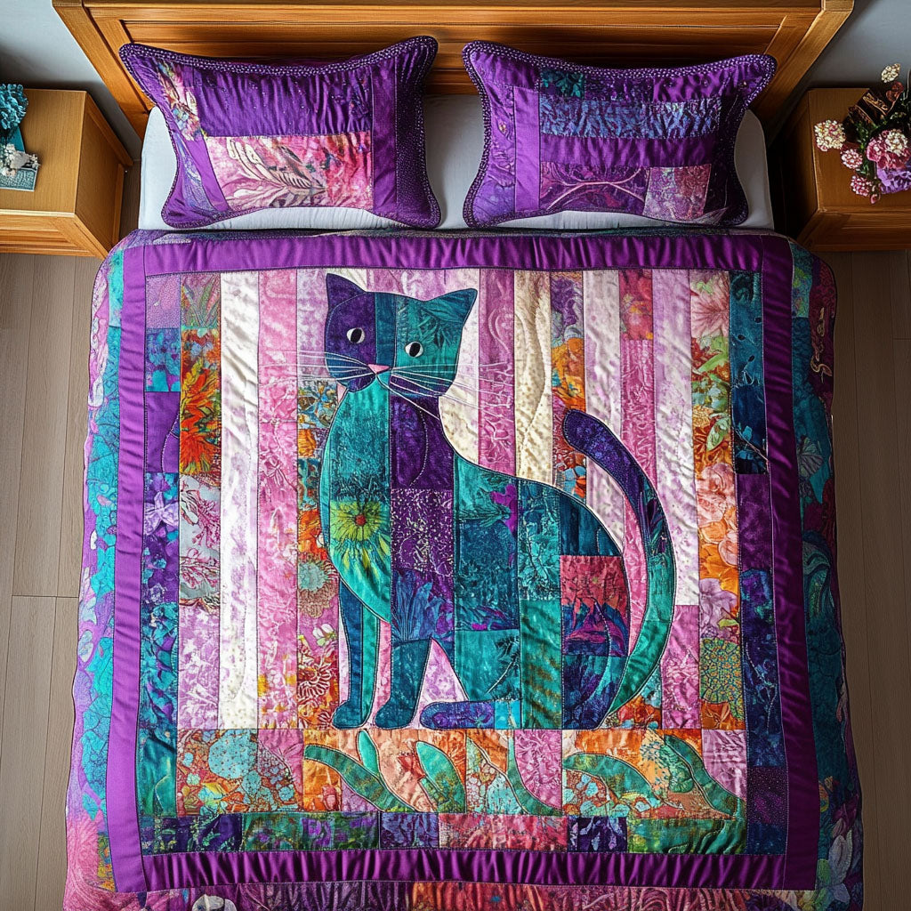 Whimsical Cat Patchwork 3-Piece Quilted Bedding Set NCU0NT5145