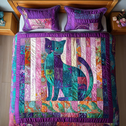 Whimsical Cat Patchwork 3-Piece Quilted Bedding Set NCU0NT5145