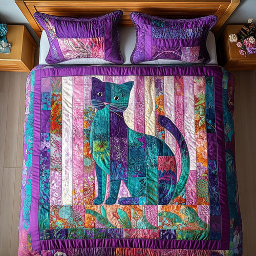 Whimsical Cat Patchwork 3-Piece Quilted Bedding Set NCU0NT5145