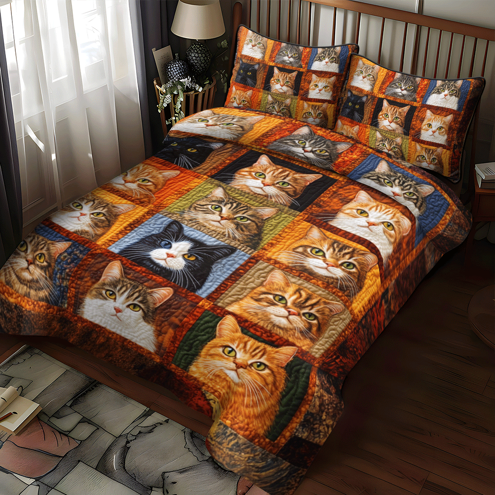Whimsical Cat Patterned 3-Piece Quilted Bedding Set NCU0PD621