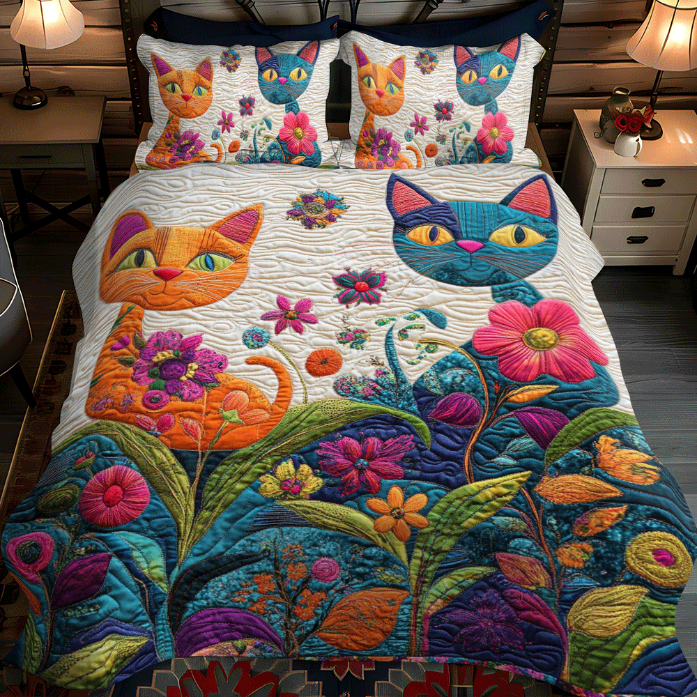 Whimsical Fantasy Cat 3-Piece Quilted Bedding Set NCU0PD629
