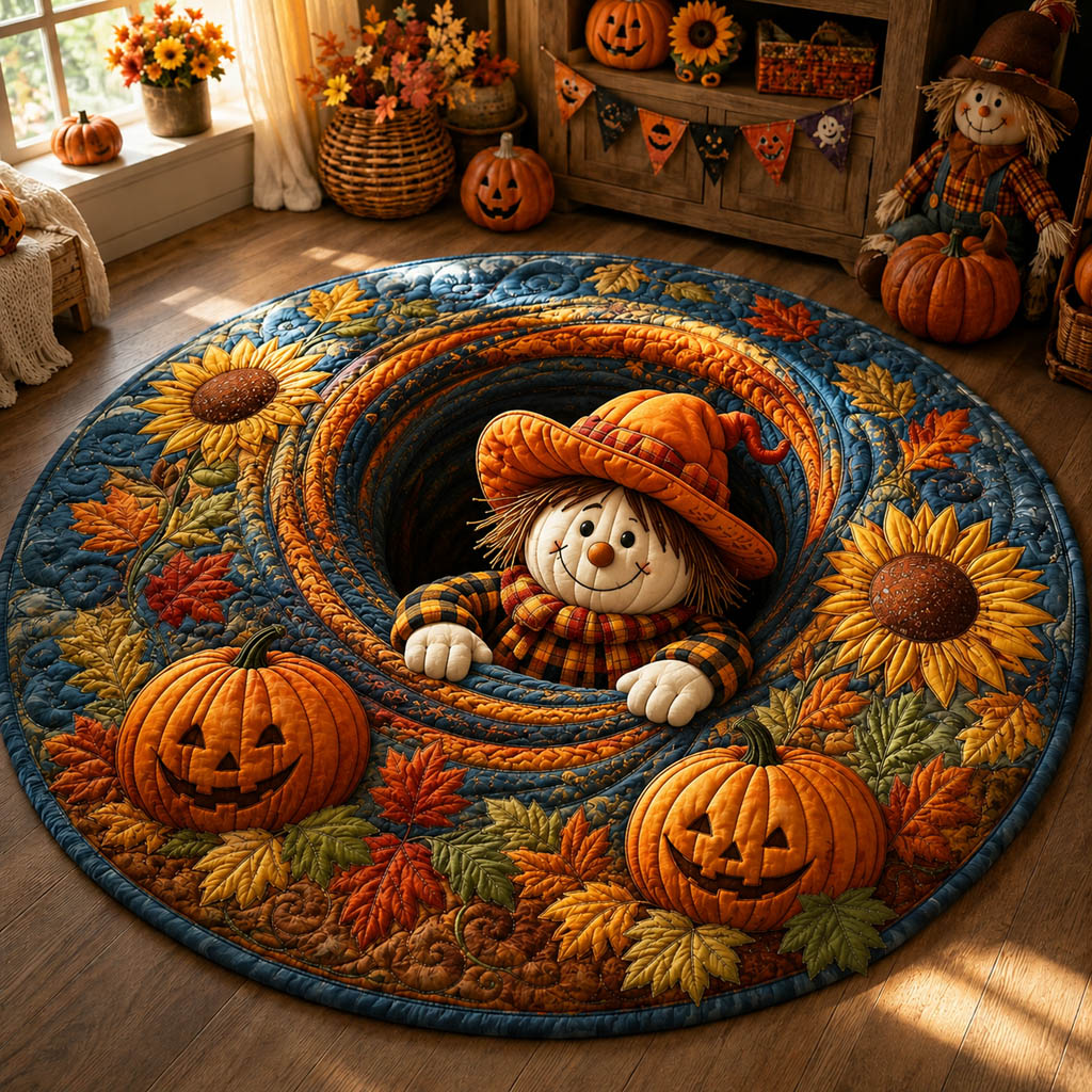 Whimsical Scarecrow Haven Quilted Round Mat NCU0HH2074