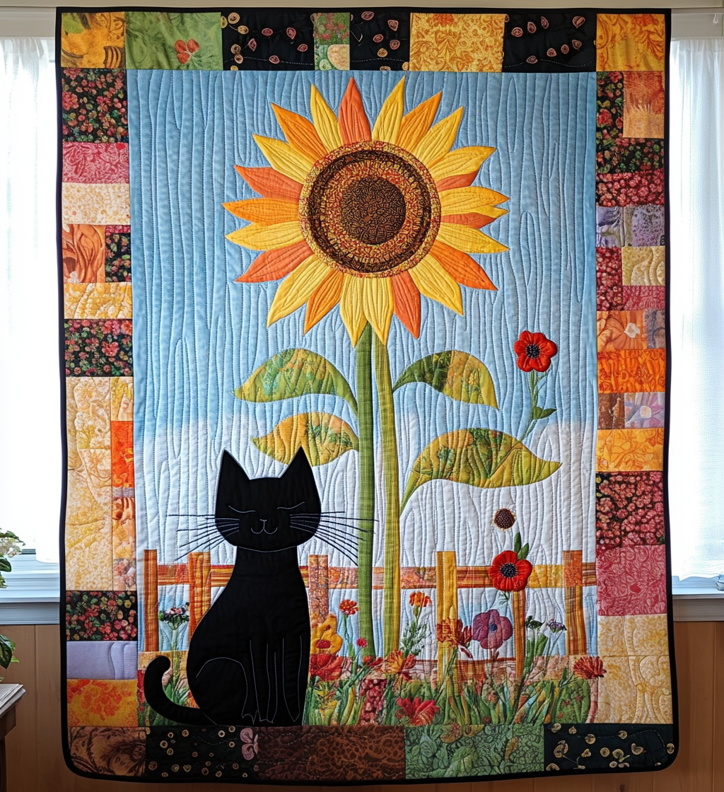 Whimsical Sunflower Kitten Quilted Blanket NCU0DV629