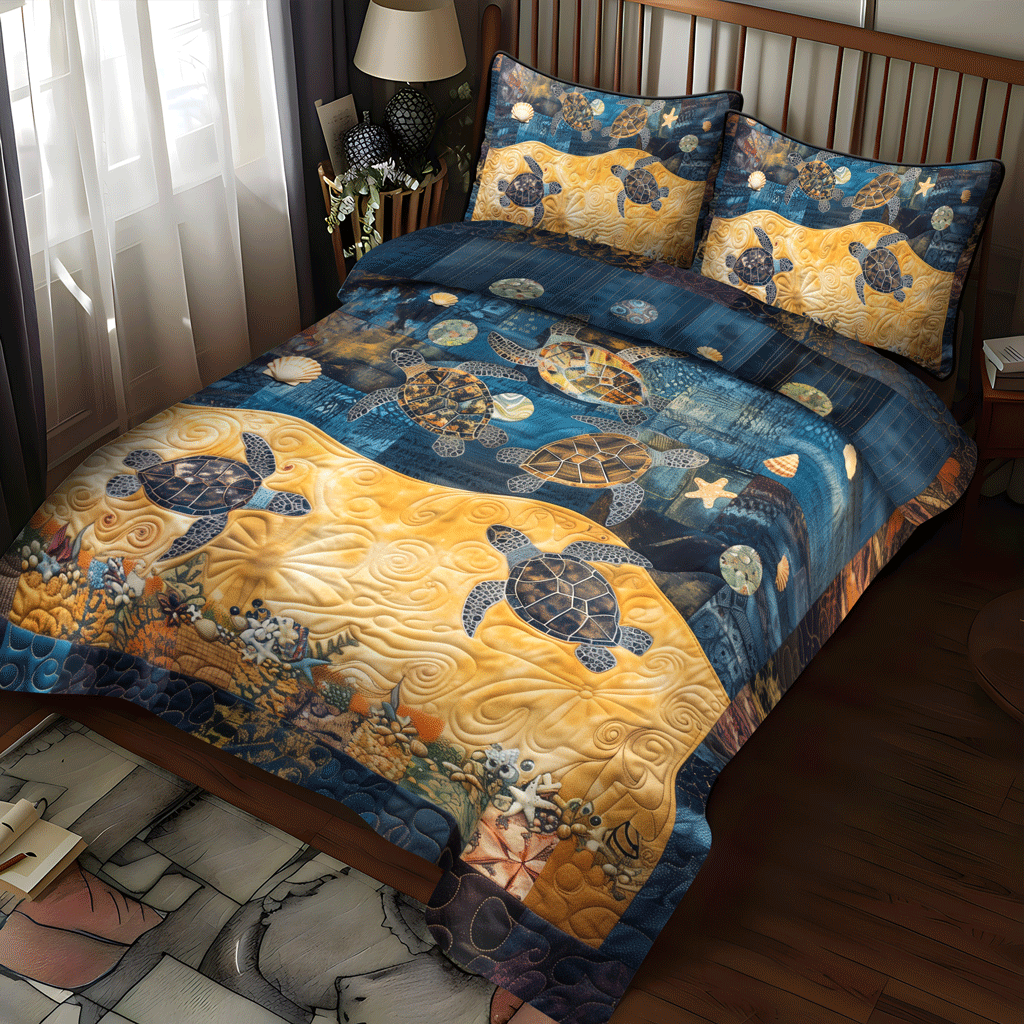 Whimsical Turtle Sea 3-Piece Quilted Bedding Set NCU0TH1344