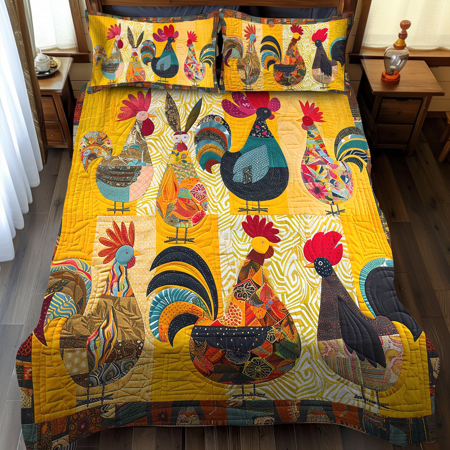 Whimsy Rooster 3-Piece Quilted Bedding Set NCU0TH882