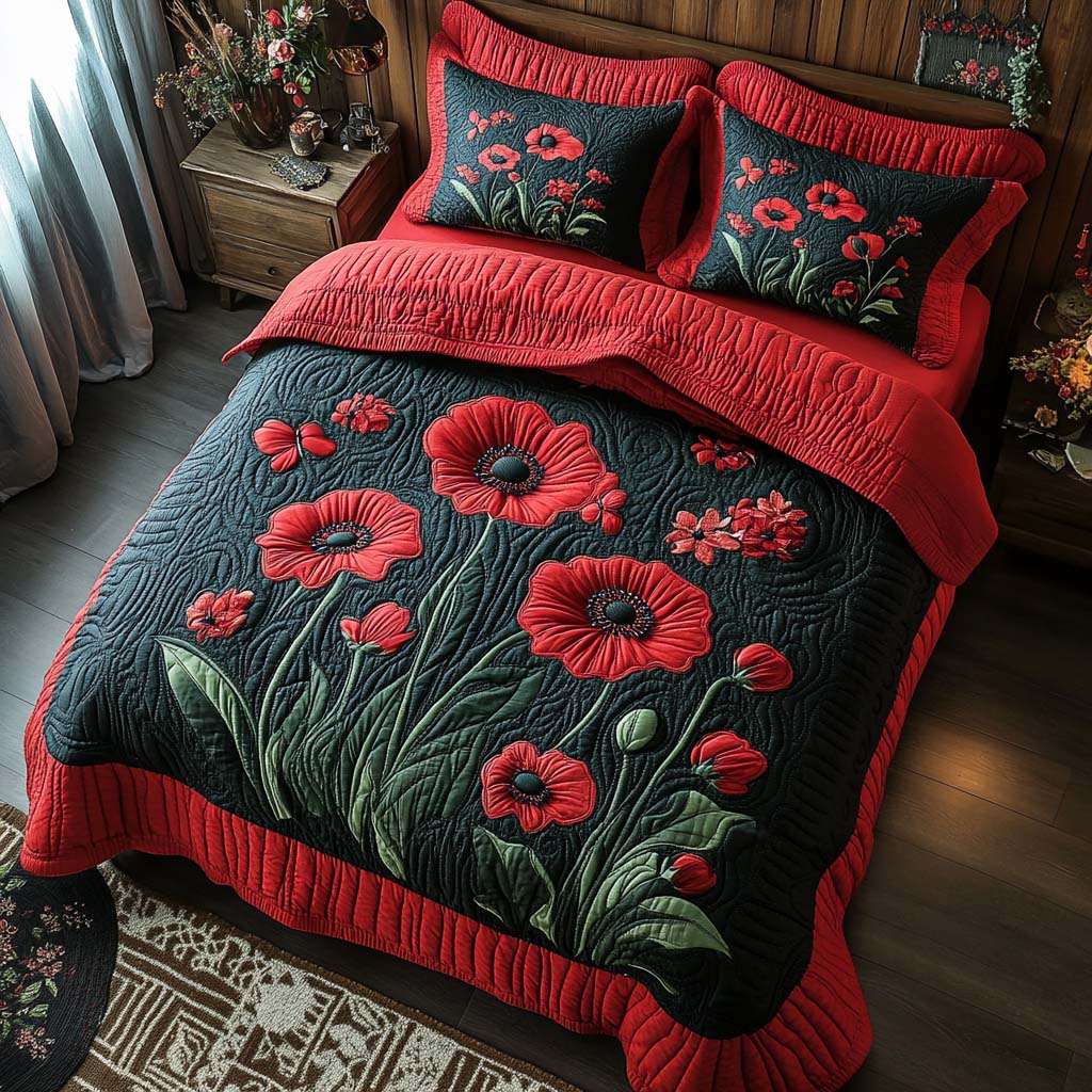 Whispering Poppies 3-Piece Quilted Bedding Set NCU0XD570