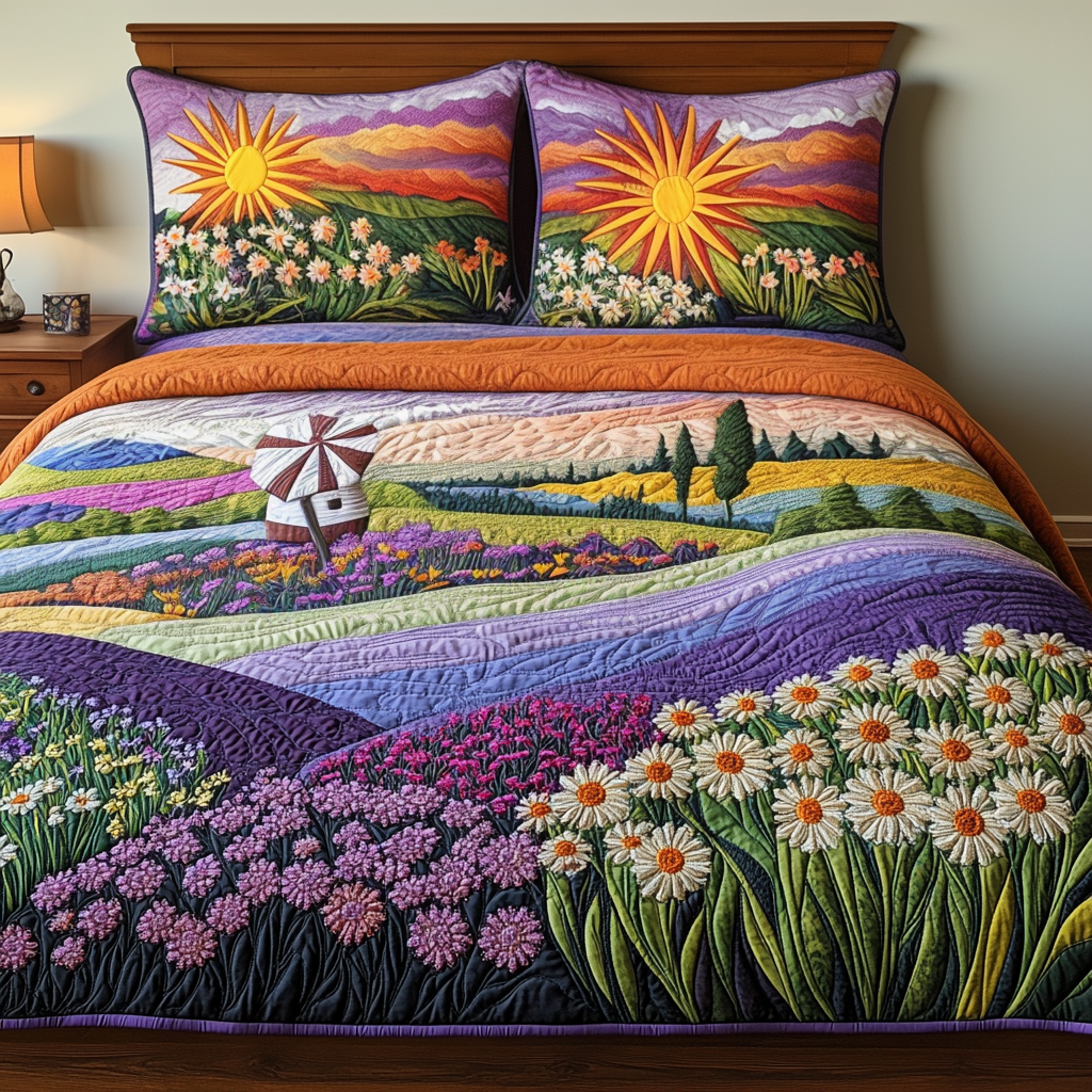 Windmill Landscape 3-Piece Quilted Bedding Set NCU0VT137