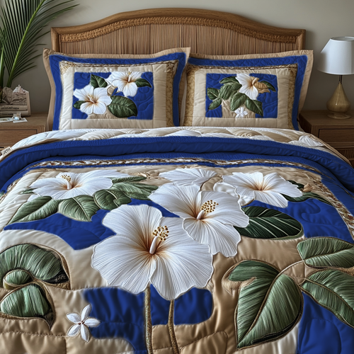 White Hibiscus v2 3-Piece Quilted Bedding Set NCU0DV5791