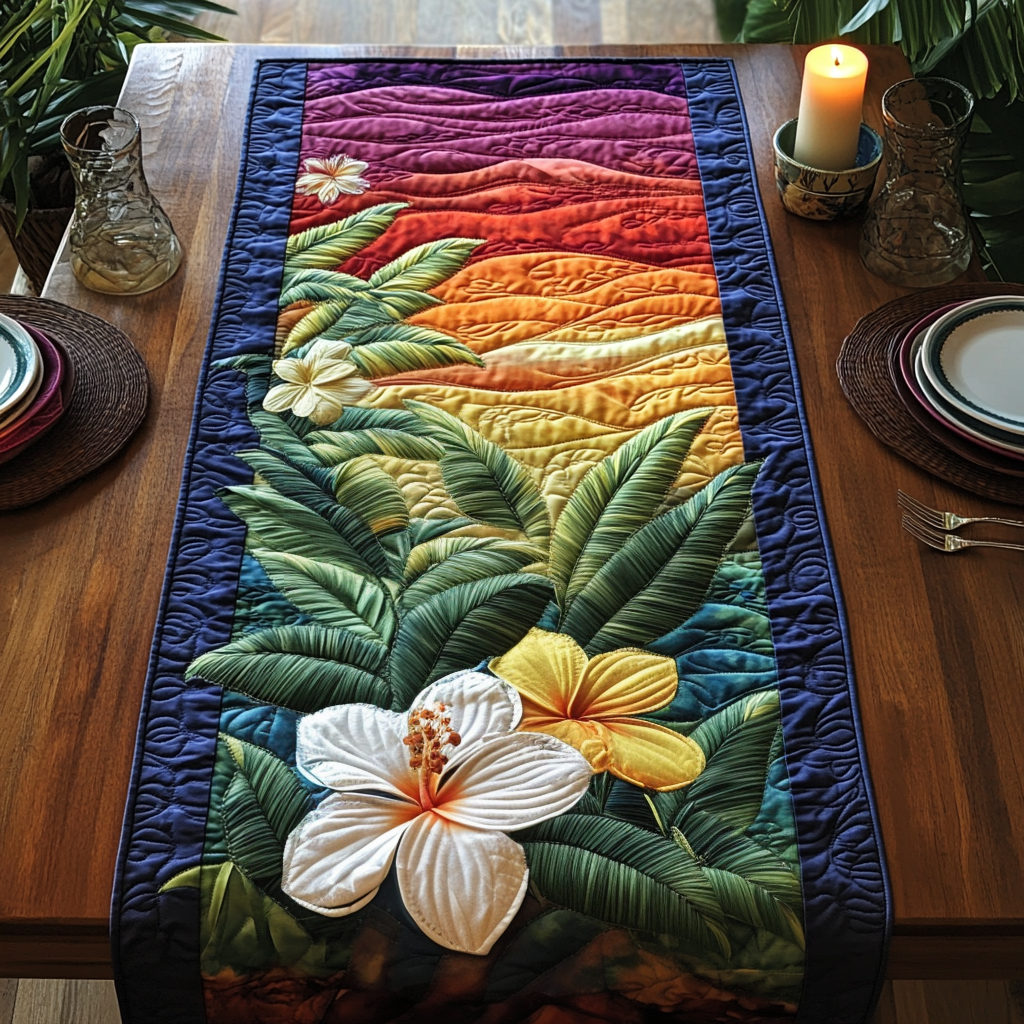 White Hibiscus Dreams Quilted Table Runner NCU0DV4816
