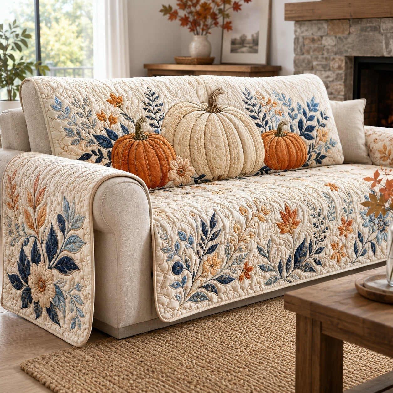 White Pumpkins Quilted Sofa Cover NCU0VL3767
