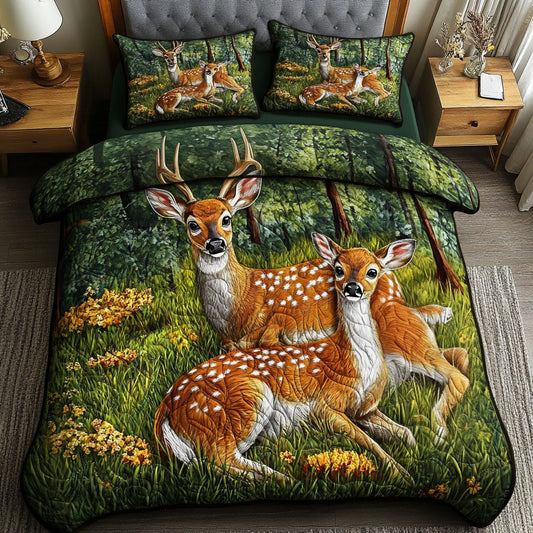 White tailed Deer Family 3-Piece Quilted Bedding Set NCU0NT6083