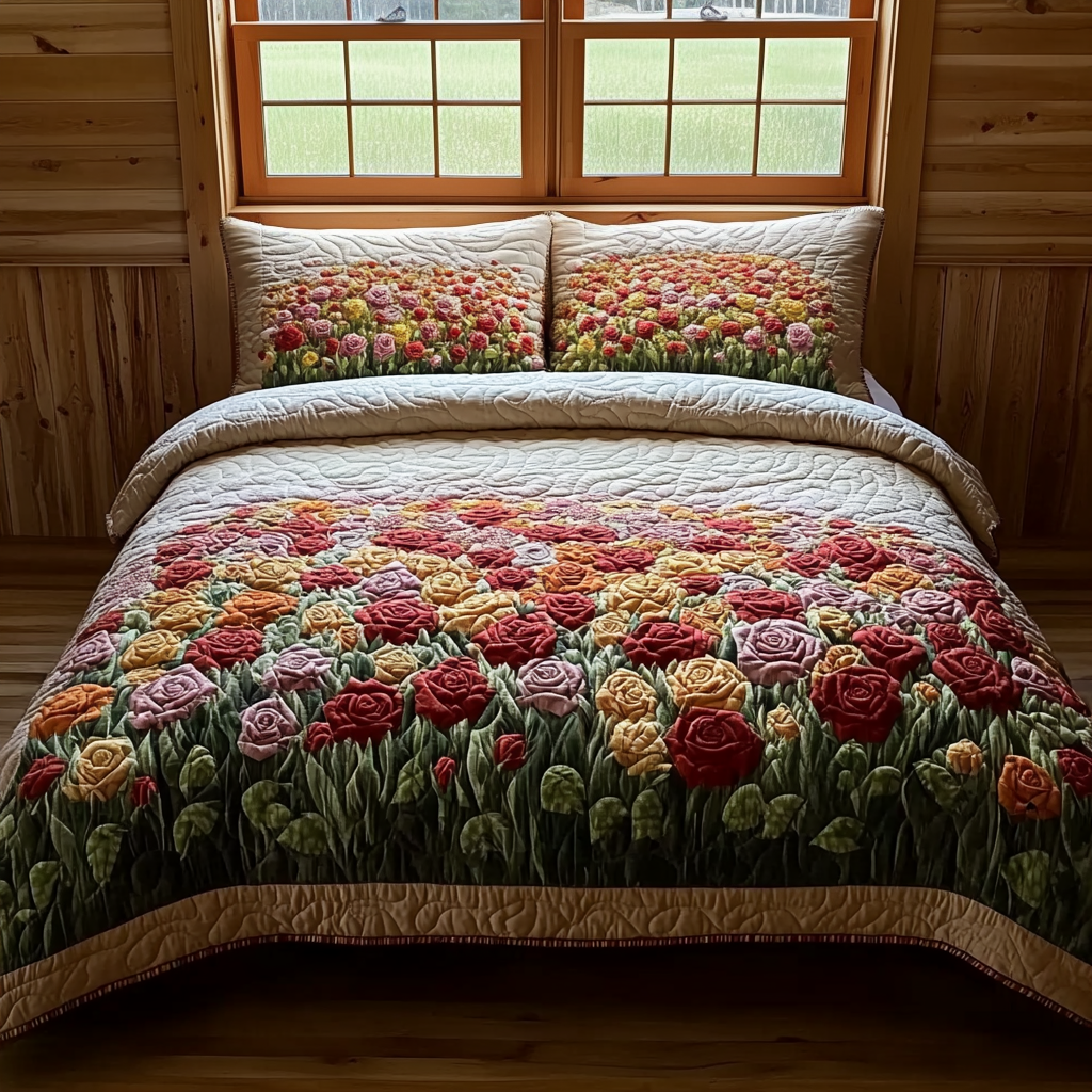 Wild Rose Landscape 3-Piece Quilted Bedding Set NCU0DV6190