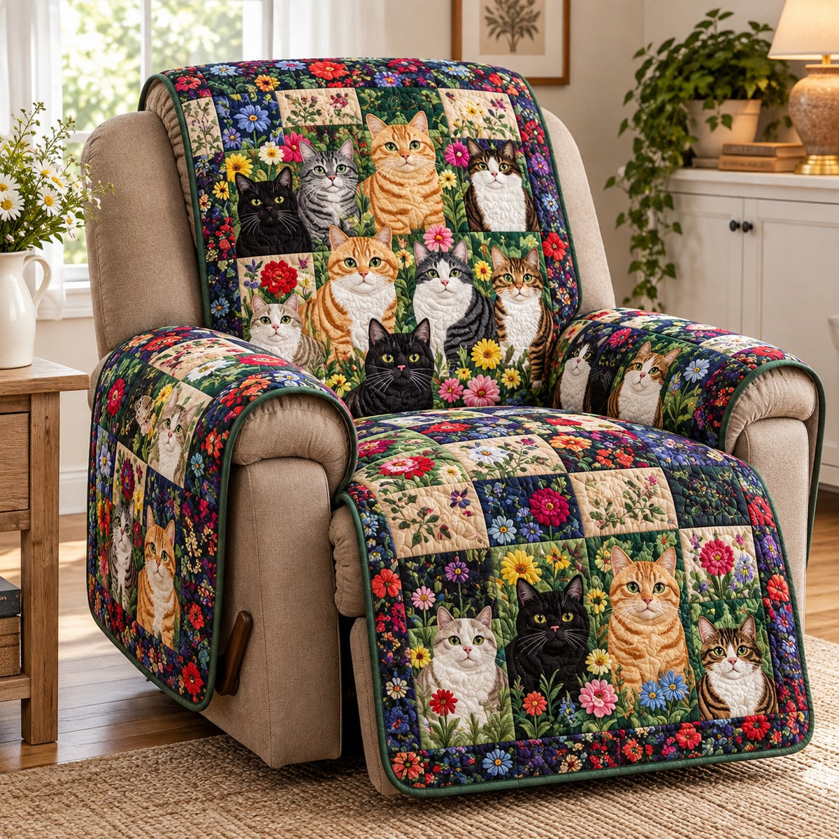 Wildflower Cat Bouquet Quilted Sofa Cover NCU0PT12304