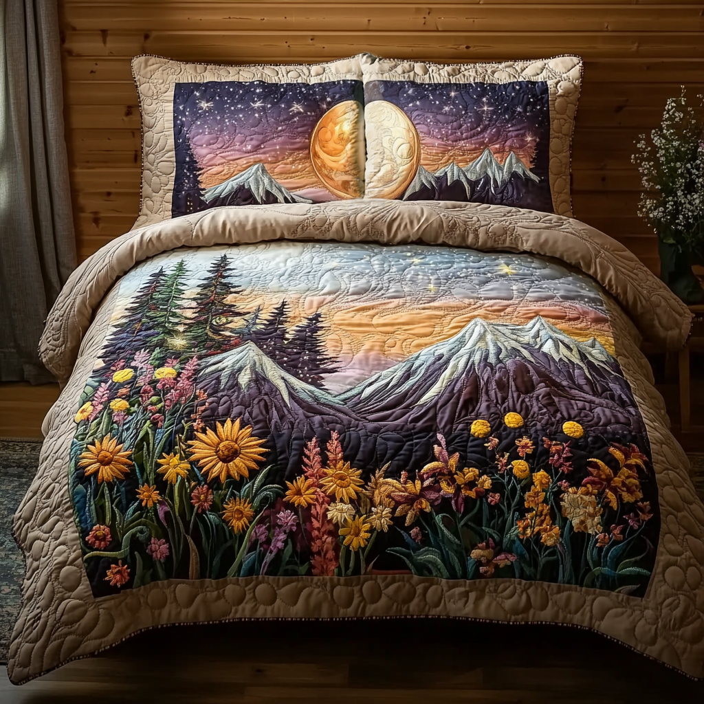 Wildflower Mountain Landscape 3-Piece Quilted Bedding Set NCU0DV6185