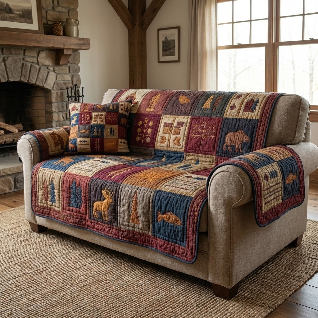 Wildwood Plaid Quilted Sofa Cover NCU0VL3365