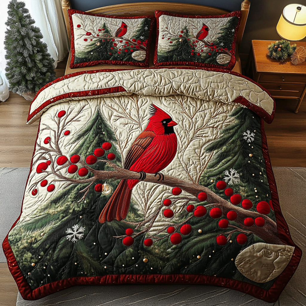 Winter Cardinal Bliss 3-Piece Quilted Bedding Set NCU0DK2624