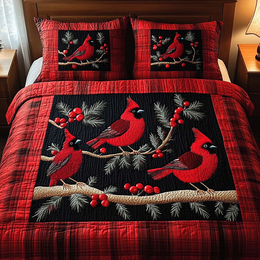 Winter Cardinals 3-Piece Quilted Bedding Set NCU0NT2330