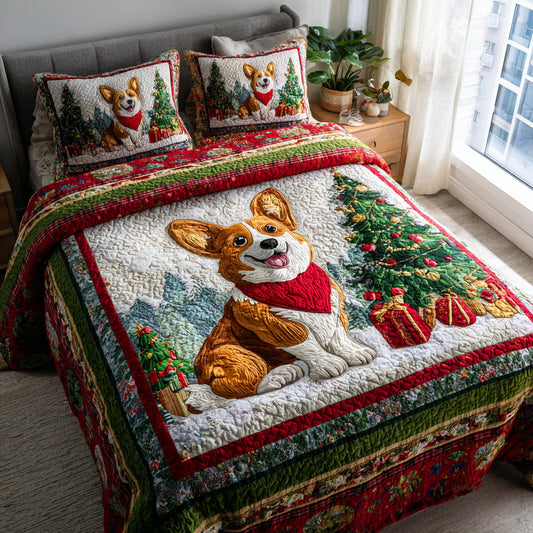 Winter Corgi Wonderland 3-Piece Quilted Bedding Set NCU0HH380