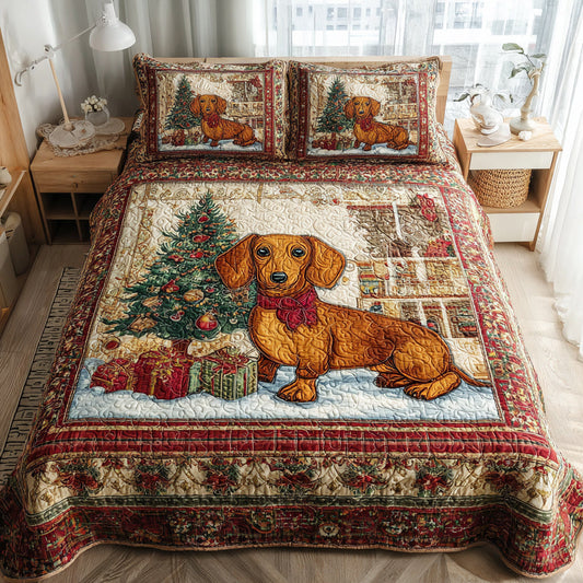 Winter Dachshund Scene 3-Piece Quilted Bedding Set NCU0HH385