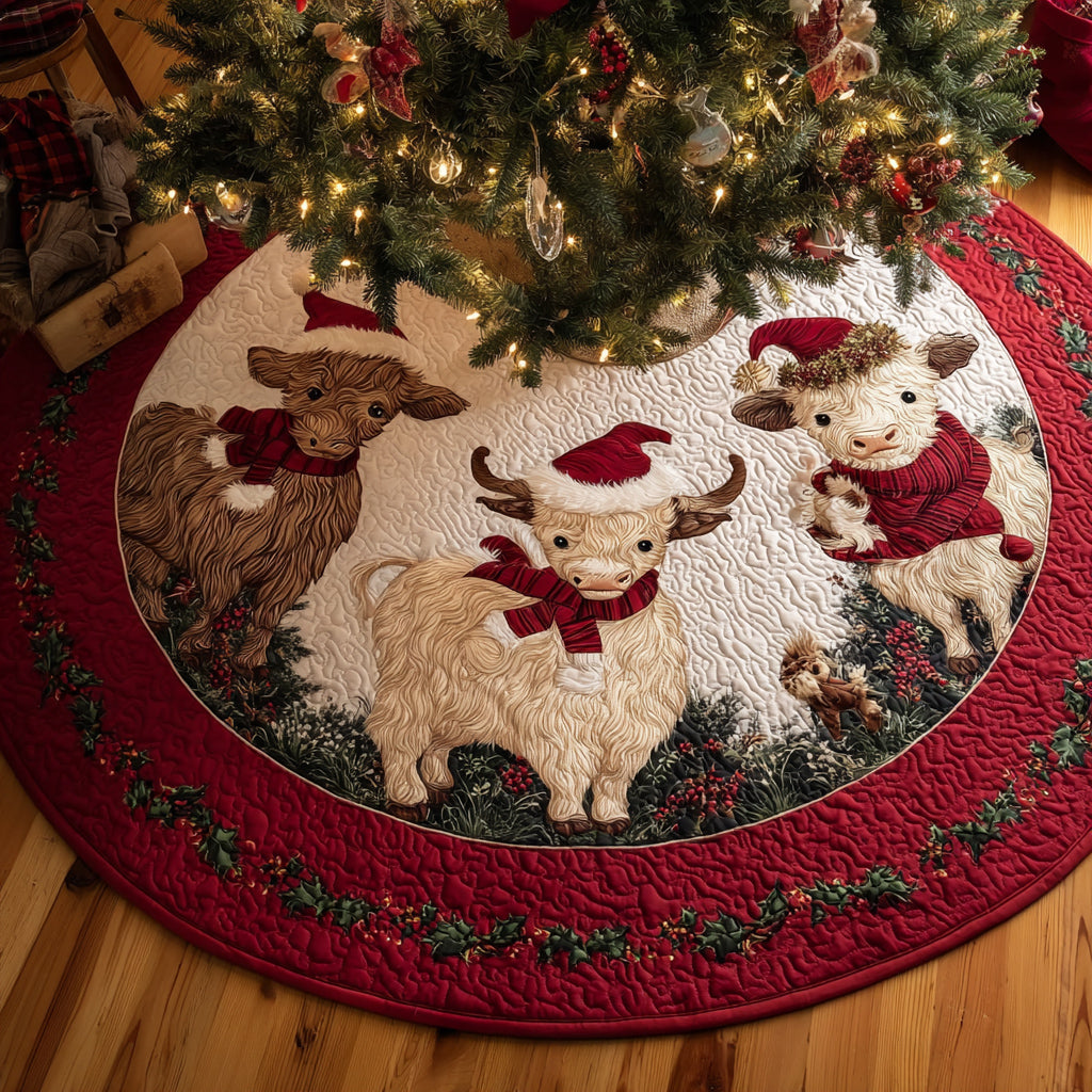 Winter Highland Cow Quilted Christmas Tree Skirt NCU0HH1193