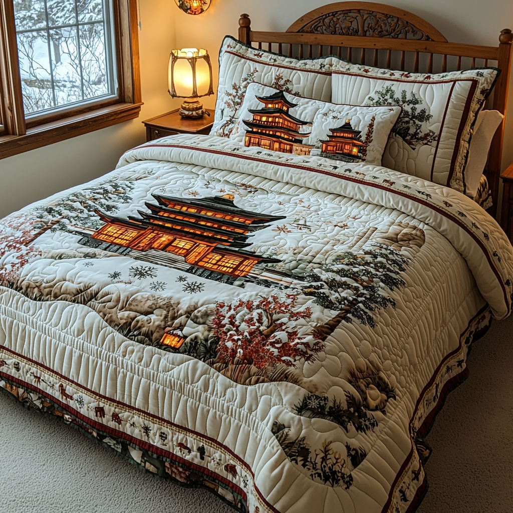 Winter Japanese Pagoda 3-Piece Quilted Bedding Set NCU0DV5921