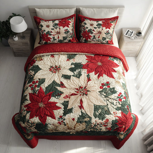 Winter Poinsettia Blooms 3-Piece Quilted Bedding Set NCU0HH340