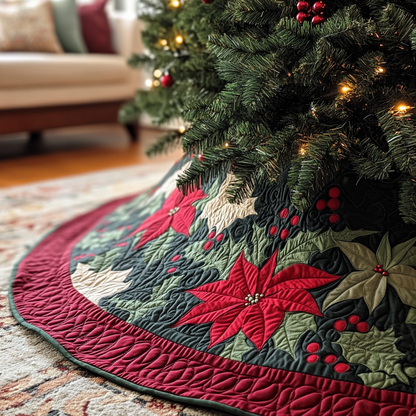 Winter Poinsettia Christmas Quilted Tree Skirt NCU0VH332