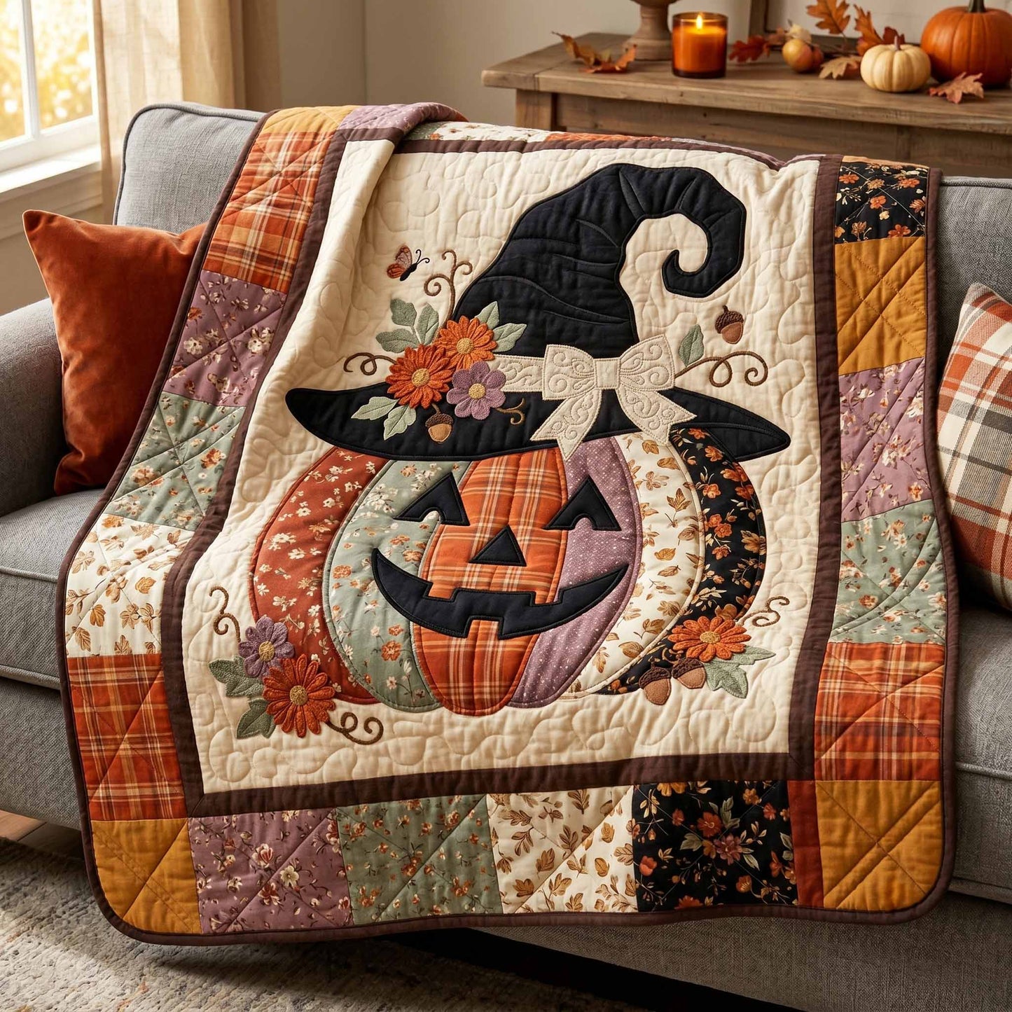 Witch Pumpkin Cat Quilted Blanket NCU0XD2905