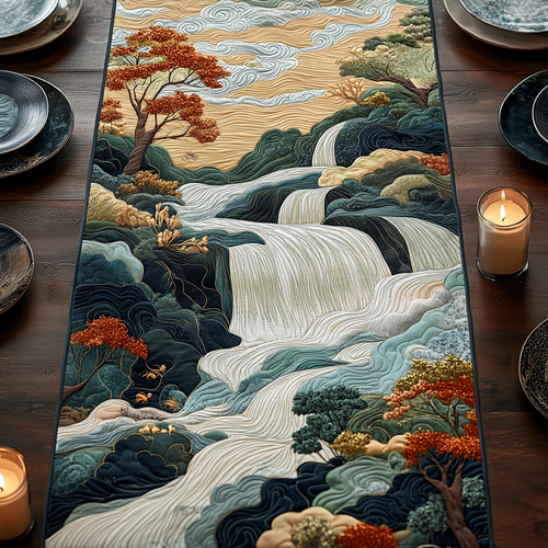 Woodblock Japanese Waterfall Charm Quilted Table Runner NCU0DV5461