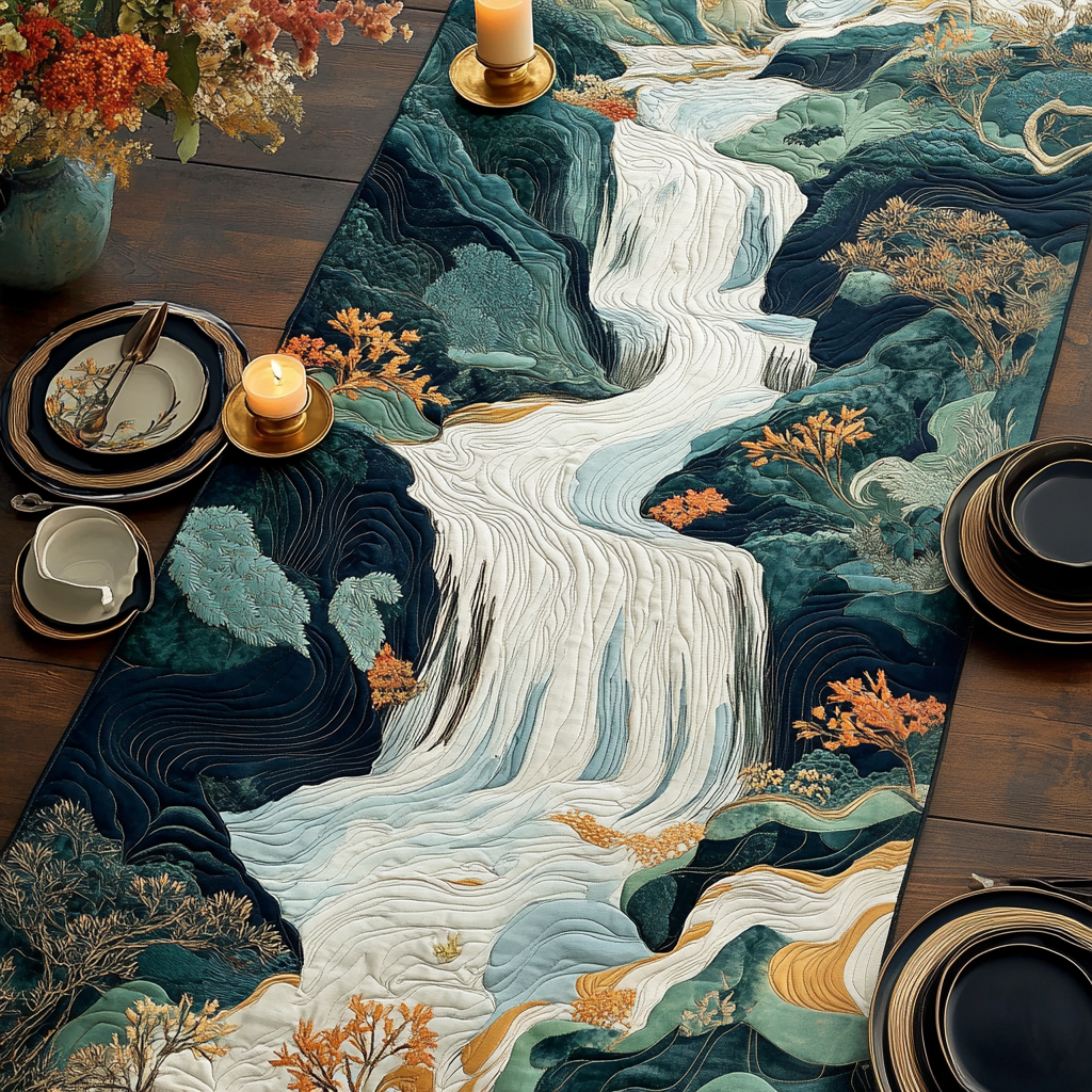 Woodblock Japanese Waterfall Quilted Table Runner NCU0DV5457