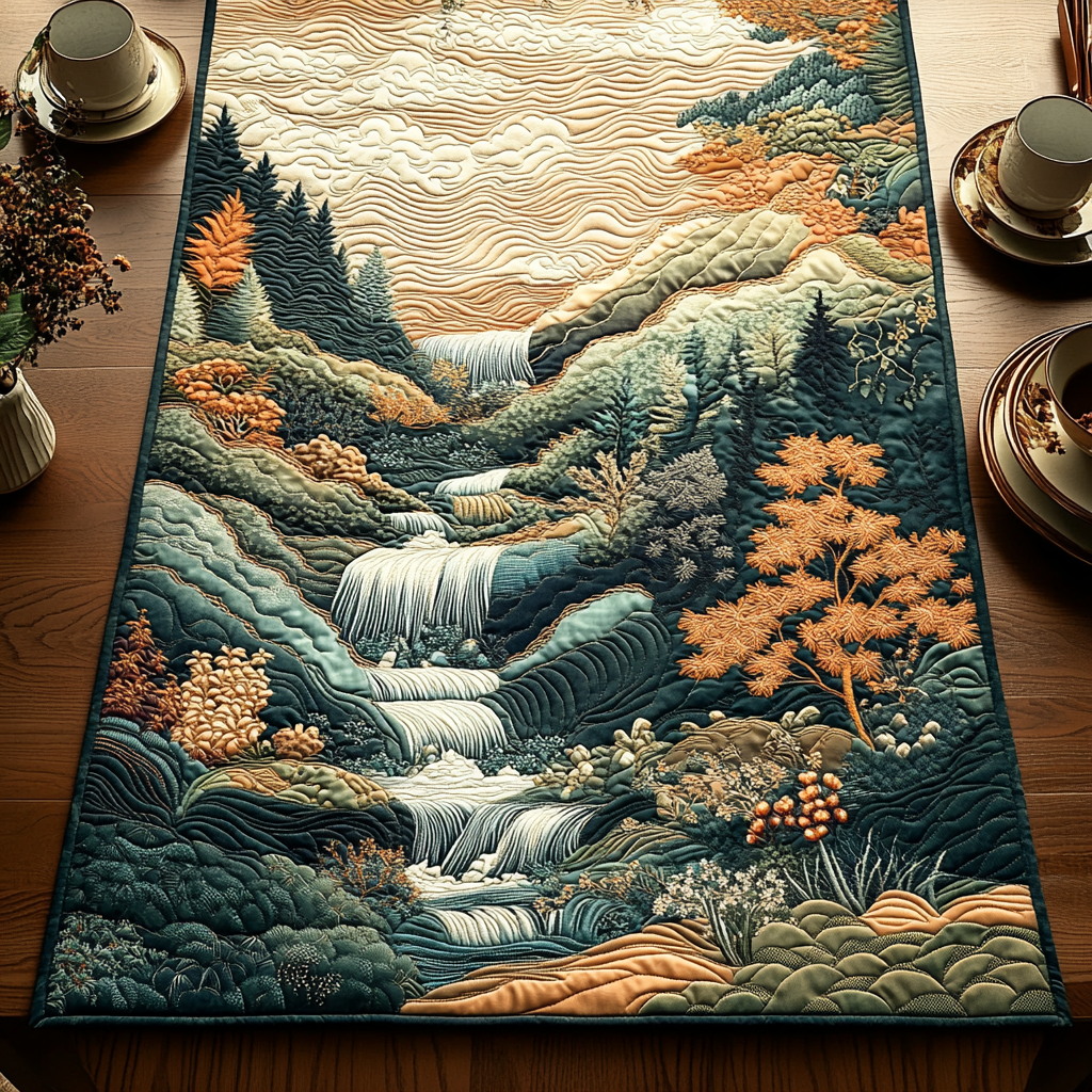 Woodblock Japanese Waterfall Serenade Quilted Table Runner NCU0DV5459
