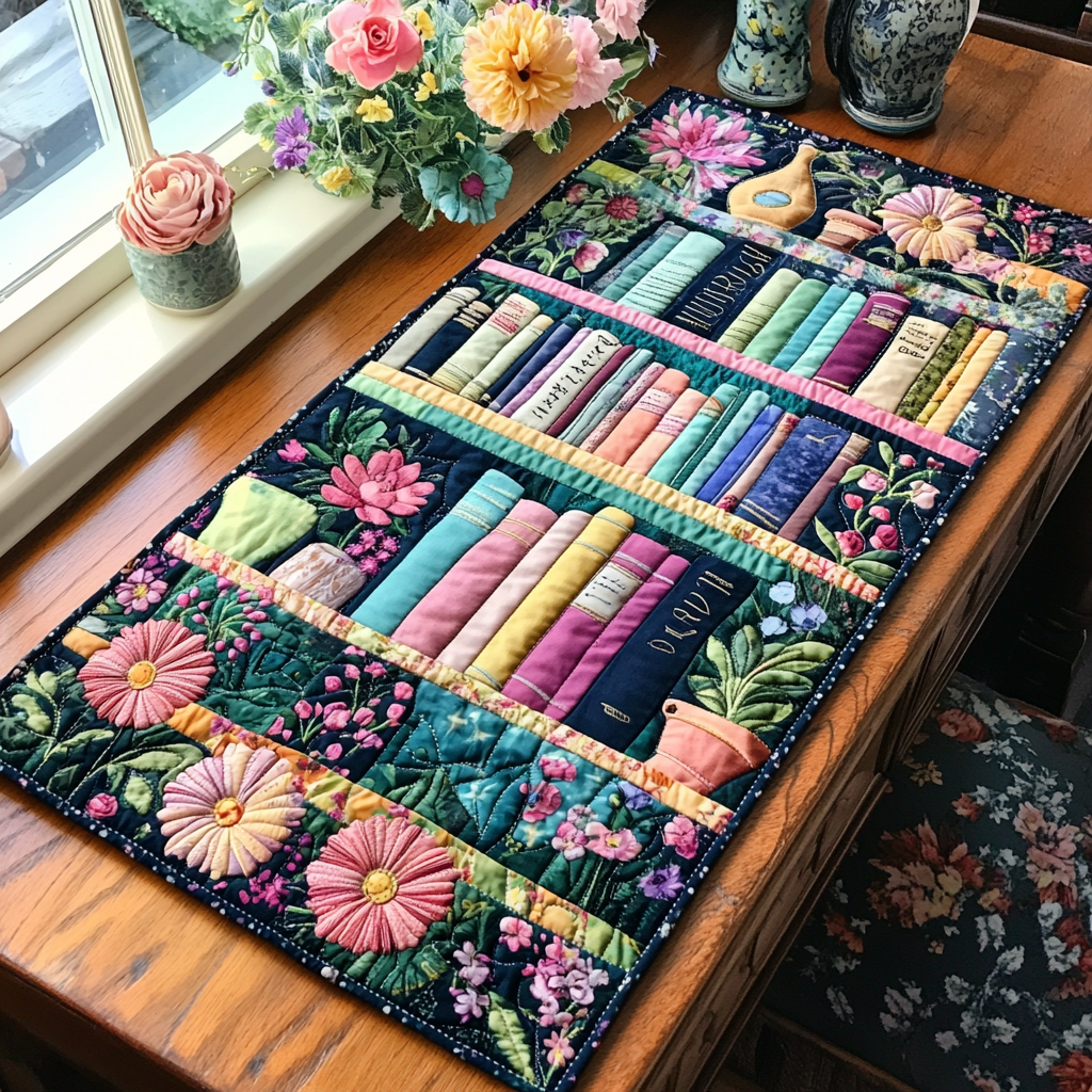 Wooden Bookshelf Quilted Table Runner NCU0DK7409