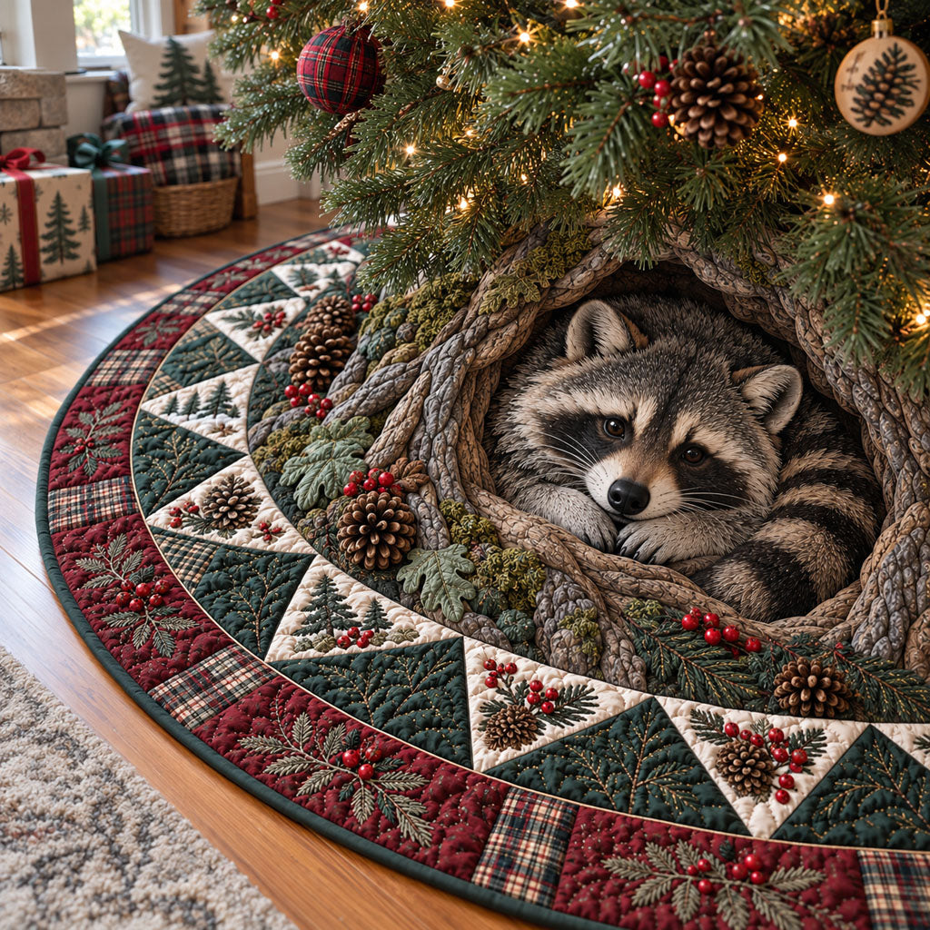 Woodland Raccoon Hideaway Christmas Quilted Tree Skirt NCU0PT12232
