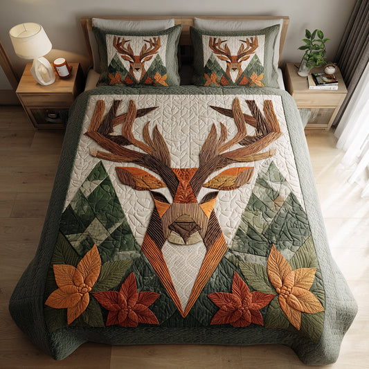 Woodland Reindeer Scene 3-Piece Quilted Bedding Set NCU0HH345