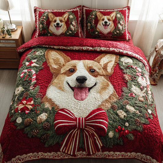 Wreath Corgi Cheer 3-Piece Quilted Bedding Set NCU0HH381