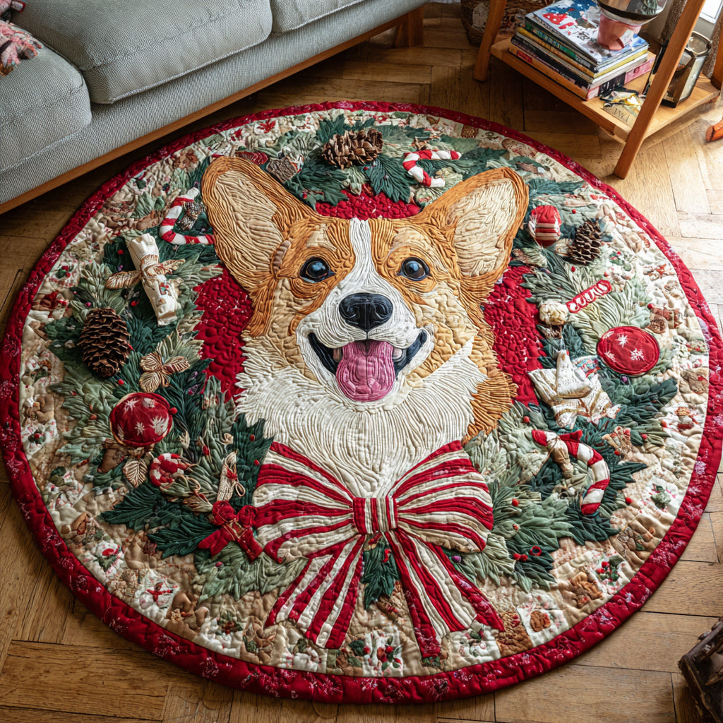 Christmas Dog Wreath Quilted Round Mat NCU0VT276