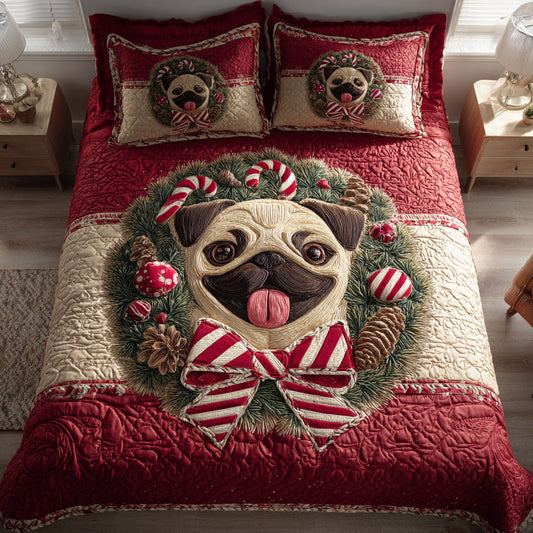 Wreath Pug Joy 3-Piece Quilted Bedding Set NCU0HH396