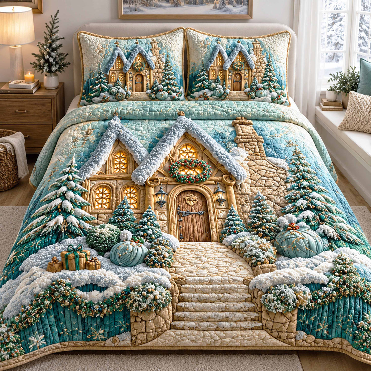 Xmas Village 3-Piece Quilted Bedding Set NCU0TD3225