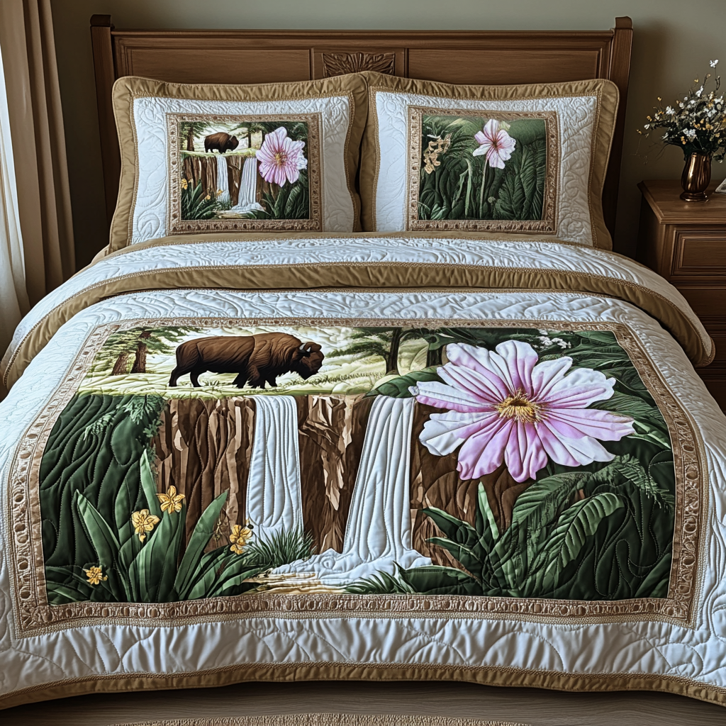 Yellowstone Bison and Wildflower 3-Piece Quilted Bedding Set NCU0DV5327