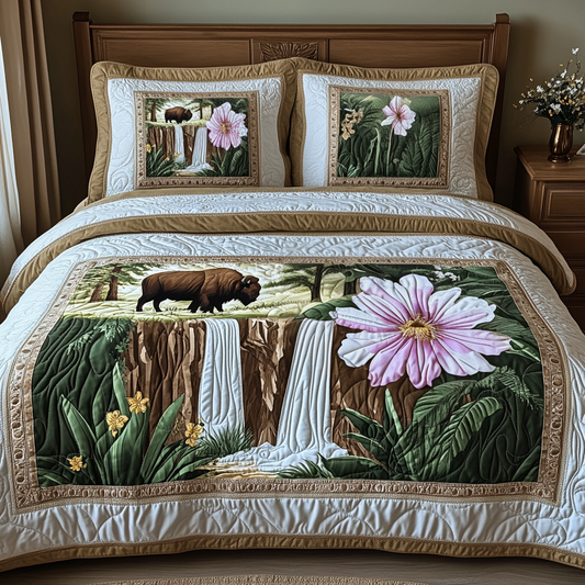 Yellowstone Bison and Wildflower 3-Piece Quilted Bedding Set NCU0DV5327