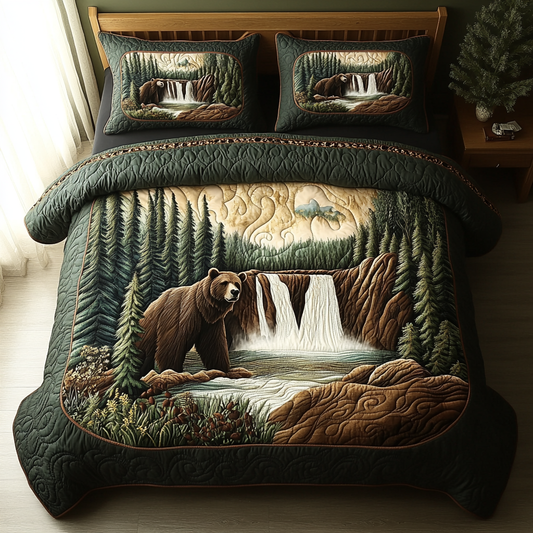 Yellowstone Waterfall Bear 3-Piece Quilted Bedding Set NCU0DV5329