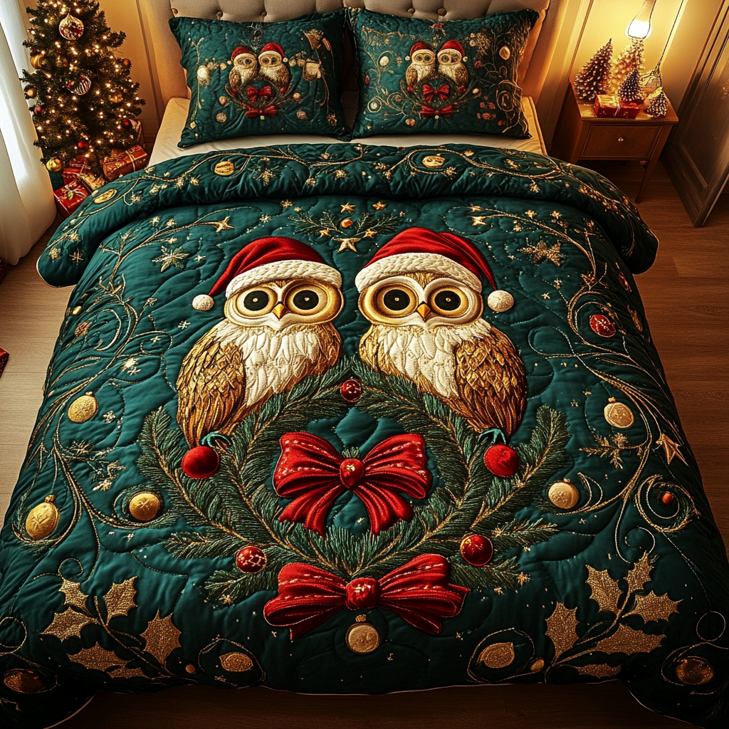 Yule Owl Magic 3-Piece Quilted Bedding Set NCU0DK2828