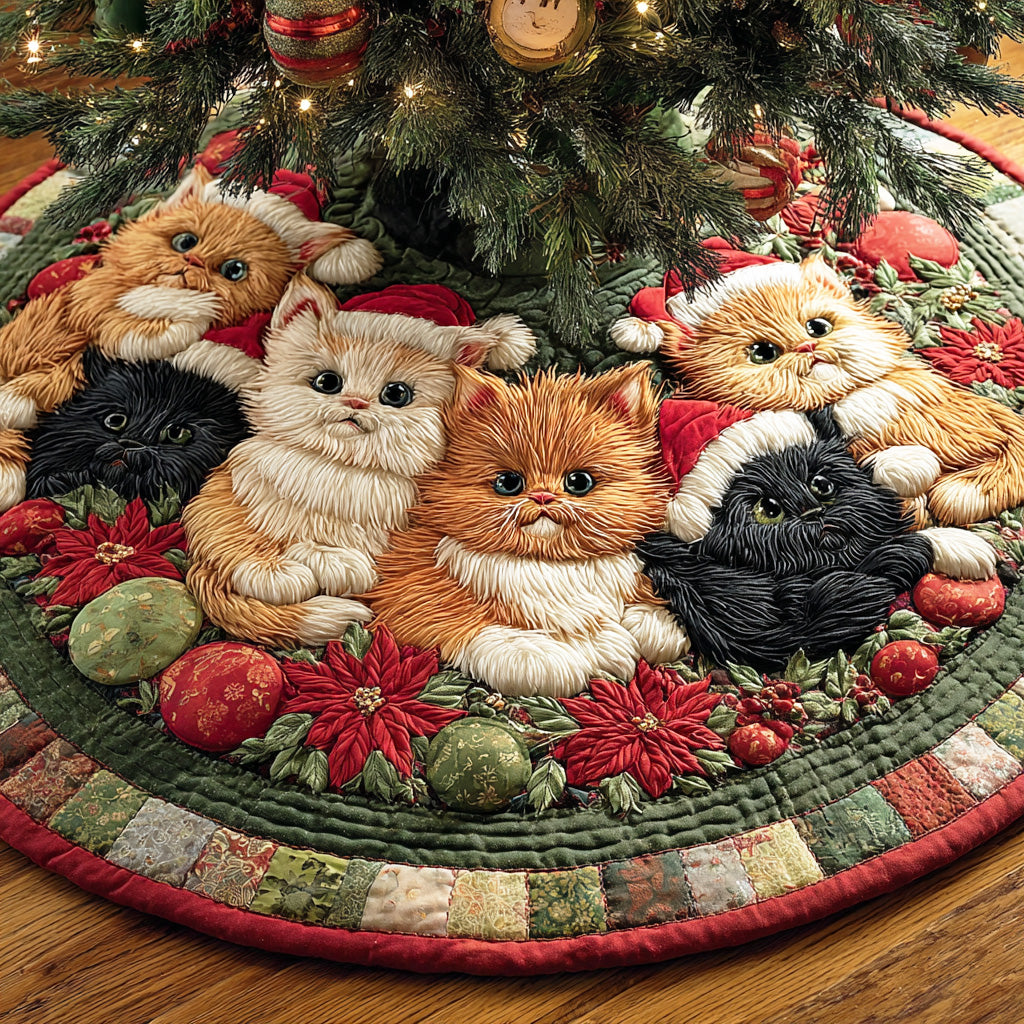 Yuletide Cat Joy Christmas Quilted Tree Skirt NCU0TD1767