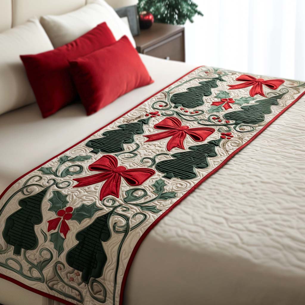 Yuletide Ribbons Quilted Bed Runner NCU0PT9541