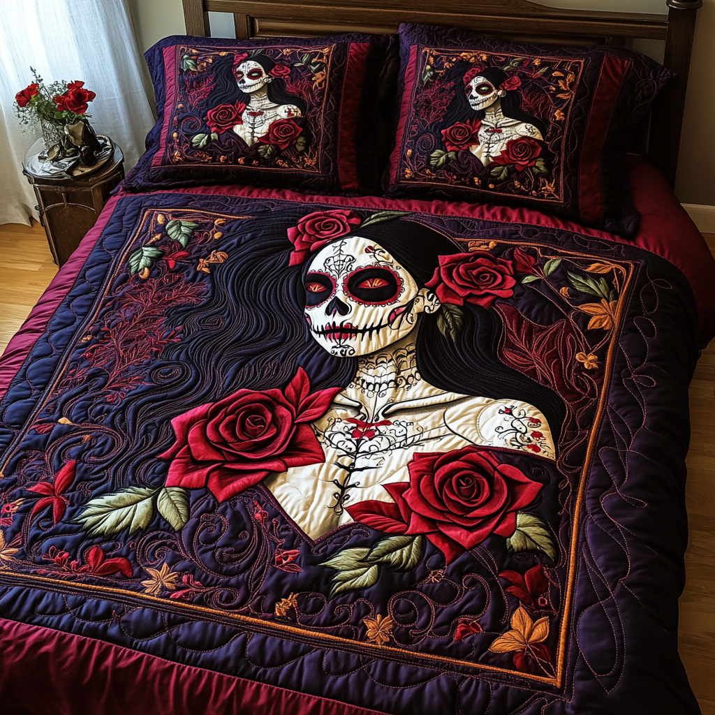 Skull And Blooms 3-Piece Quilted Bedding Set NCU0TL1990