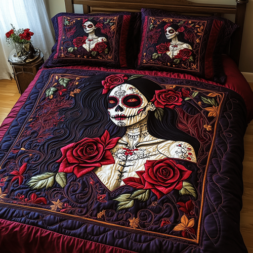 Skull And Blooms 3-Piece Quilted Bedding Set NCU0TL1990