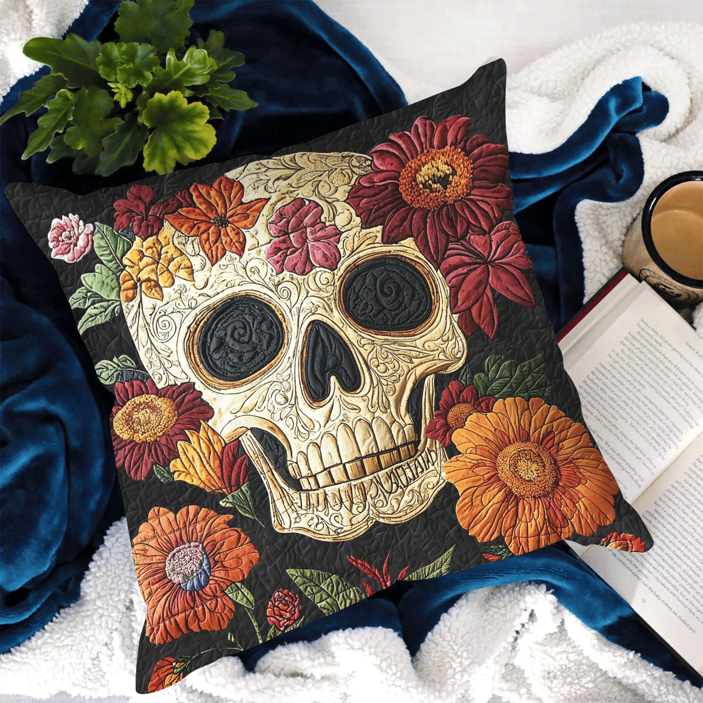 Floral Skull Charm Quilted Pillow Case NCU0TL1972